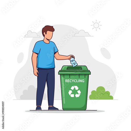 Man Recycling Paper in Green Bin - Environmental Protection Concept