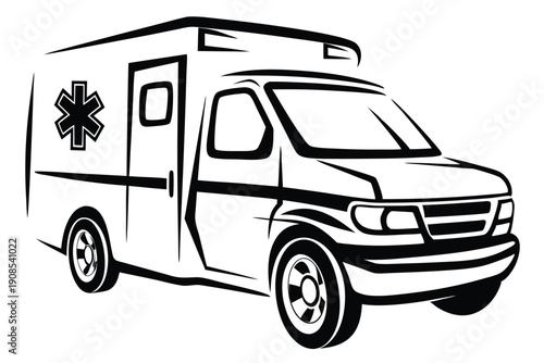 Ambulance Vehicle Outline, Emergency Medical Transport, Black and White Style