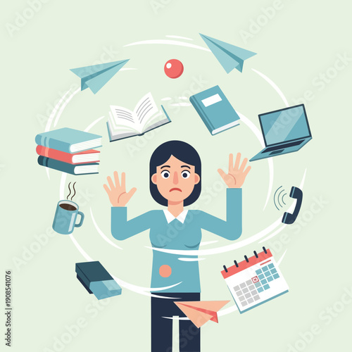 Overwhelmed woman juggling tasks and objects, symbolizing stress and multitasking