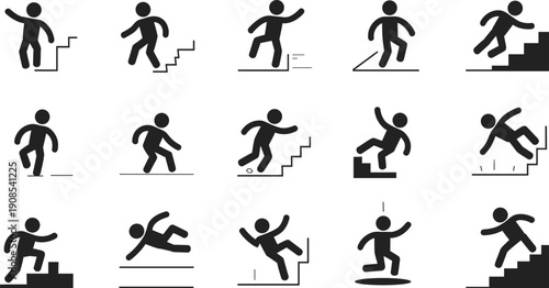 Slip trip and fall hazard pictogram set, falling people icons on stairs and surfaces, workplace safety warning vector illustration isolated