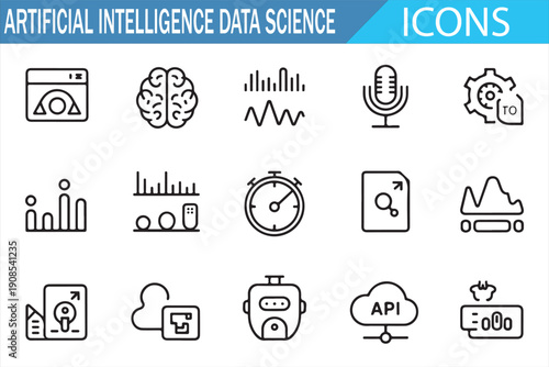 Artificial intelligence and data science line icon set, machine learning analytics, automation technology, neural network and digital innovation minimal outline vector collection