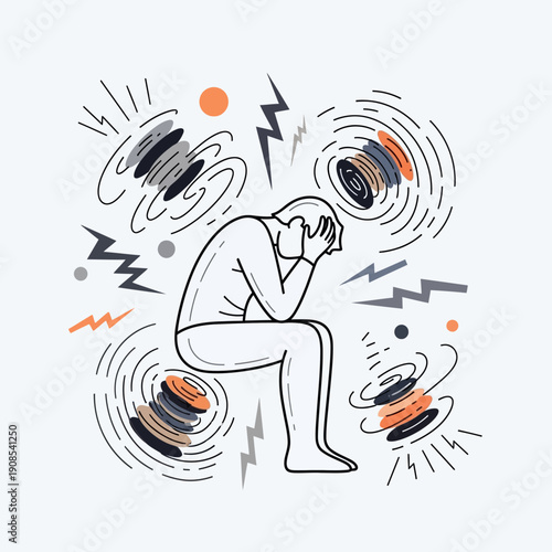 Man overwhelmed by stress and anxiety, surrounded by chaotic energy and mental noise