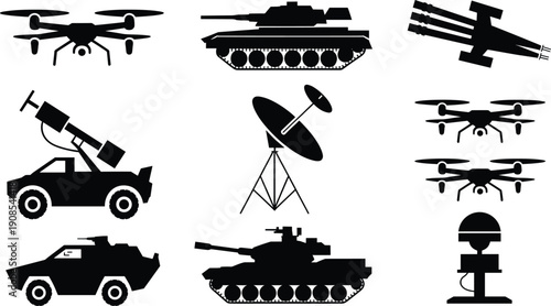 Military weapon silhouette set including tank, drone, missile launcher, radar system, armored vehicle, modern warfare equipment vector illustration isolated on white background