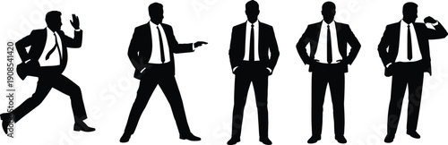 Businessman silhouette set in different poses, corporate male manager actions, office worker gestures, black business people vector illustration isolated on white background