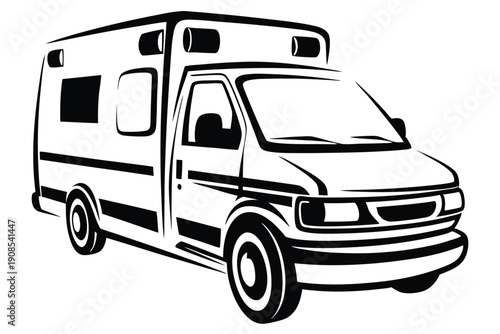 Stylized Black and White Ambulance Icon with Bold Lines and Medical Cross Symbol