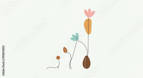 Colorful abstract flowers with leaves on stems minimalist design simple shapes