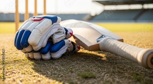 Cricket bat and protective batting gloves resting on the grass pitch before game time