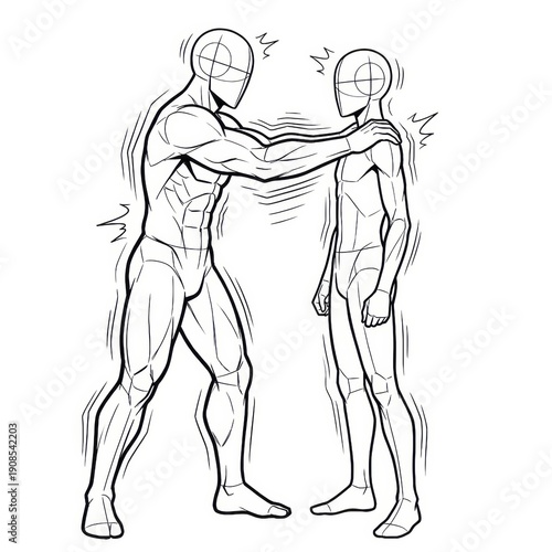 Confrontational figure shaking another's shoulder, intense conflict, line art.