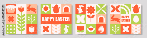 Vibrant Easter artwork. Colorful collection of Easter themed illustrations featuring pastel tiles and cheerful geometric shapes