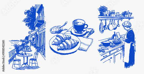 Mediterranean cafe terrace breakfast croissant coffee kitchen. Hand drawn italian home cooking and cozy coastal lifestyle scenes in vintage blue line illustration. Travel food set.