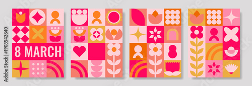 Colorful hearts and tulips in retro style. Bright pink celebration motif with energetic floral and geometric elements