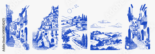 Italian old town alleys seaside cliffs countryside. Blue hand drawn travel set with balconies, boats and rolling hills. Warm mediterranean atmosphere in vintage line art style.