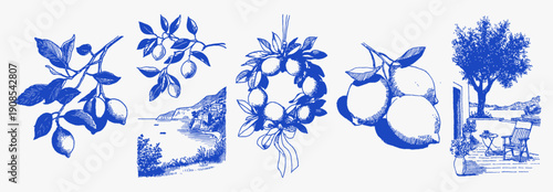 Lemon branches citrus wreath mediterranean terrace seaside. Hand drawn blue ink set mixing fruits, garland and coastal patio view. Vintage summer elements for packaging, posters or decor.