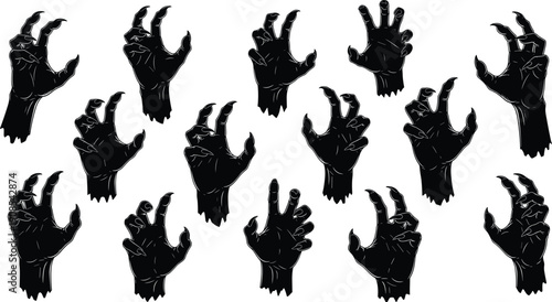 WebBlack silhouette set of creepy monster hands with sharp claws and gothic demon reaching gestures isolated on white background for spooky Halloween horror design