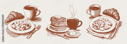 Coffee croissant eggs pancakes butter breakfast set. Hand drawn crayon vintage sketch drawing line art. Cozy morning plates with hot drinks, homemade brunch food.