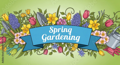 Vibrant spring gardening banner with flowers tools on green background