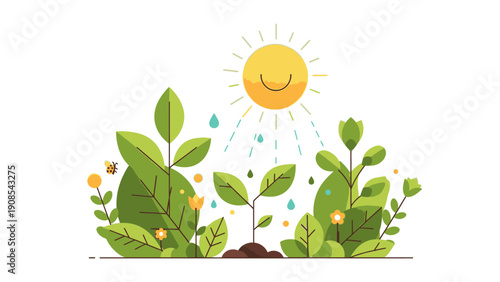 Flat illustration of a smiling sun watering a growing plant surrounded by lush greenery and flowers on a clean white background with vibrant colors.