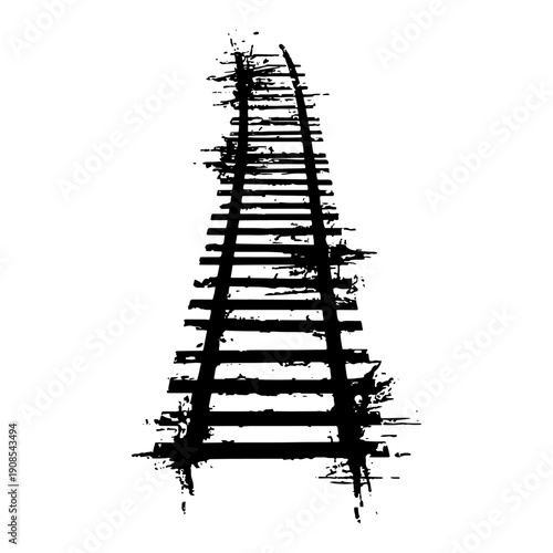 Railway tracks vanishing into distance in black grunge ink style