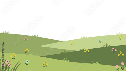 Illustration of a serene green landscape with colorful flowers scattered across rolling hills and a white background.