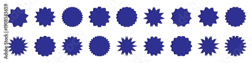 Set of blue starburst price tags with soft shadows. Round sticker collection with wavy-edge black promo badges and sale labels in flat vintage silhouette style, isolated on a transparent background.