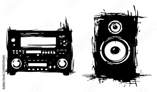 Retro stereo system with speaker in black grunge ink style