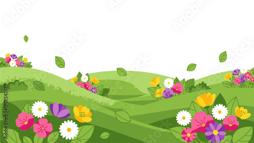 Colorful cartoon illustration of a lush green landscape with vibrant flowers and leaves on a white background.