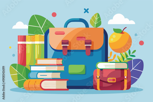 Backpack with books and apple