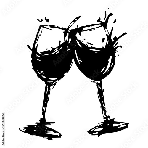 Two clinking wine glasses toast sketch in grunge style