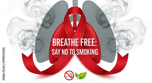 No smoking awareness campaign with red ribbon and lungs