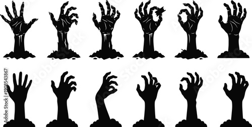 WebBlack silhouette set of detailed zombie hands with sharp claws reaching up from ground isolated on white background for spooky Halloween and horror design