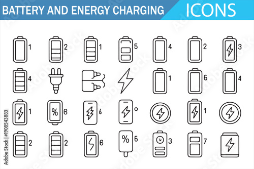 Digital power management line icon collection