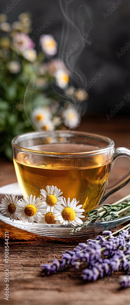 Fototapeta premium Herbal tea served with flowers in a warm setting