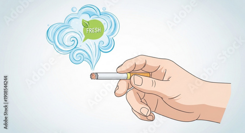 Hand holding cigarette with green leaf and healthy meal thought bubble