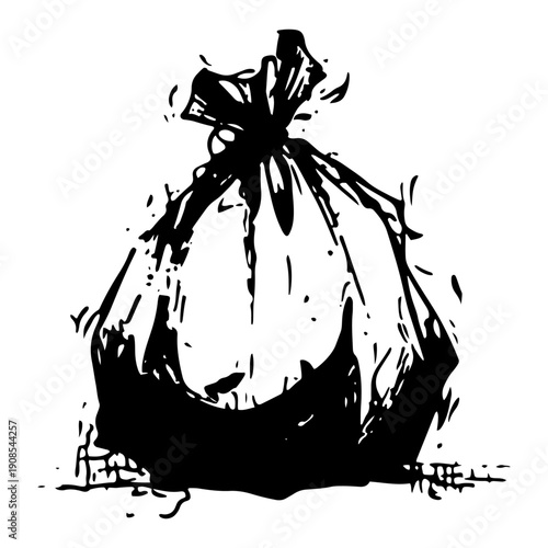 Black and white vector illustration of a tied plastic garbage bag in grunge style