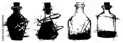 Set of hand drawn magic potion bottles with grunge texture