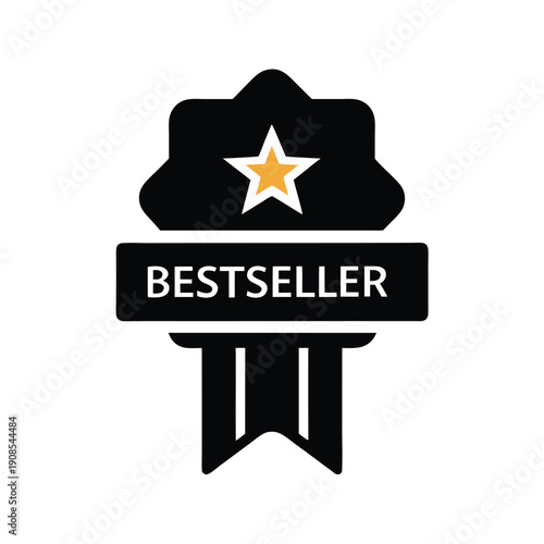 Bestseller Badge Icon with Star, Award Symbol Black and Gold Ribbon Quality Seal