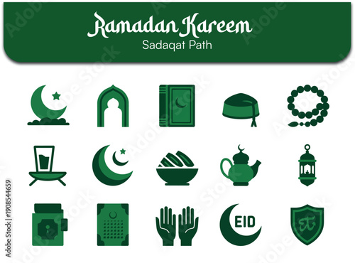 Collection of sixteen green monochromatic icons representing essential spiritual symbols and objects associated with the Islamic holy month of Ramadan Kareem and charitable giving sadaqat.