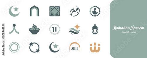 Collection of elegant muted color flat icon set representing various essential elements and symbols related to the holy observance of Ramadan Kareem celebrations.