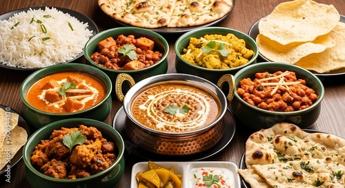 Assortment of traditional Indian food dishes including curries rice naan and papadums on a dark wooden table
