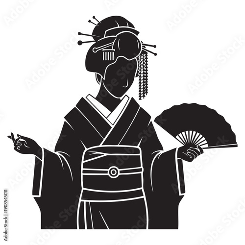 Japanese Geisha or Maiko Silhouette with Fan and Traditional Hairstyle