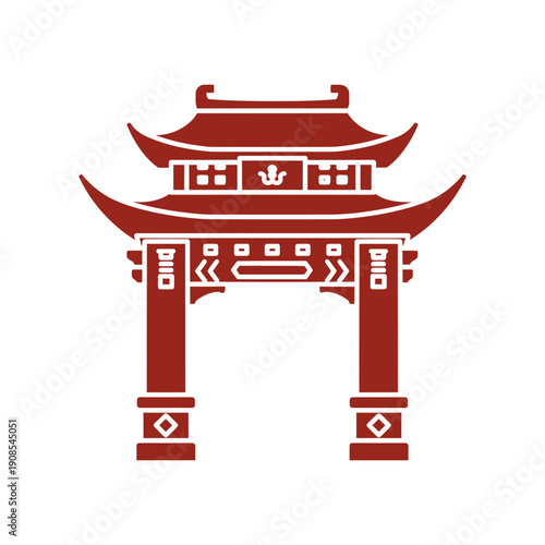 Vibrant red graphic illustration of a traditional East Asian temple gate, capturing the essence of historical architecture and cultural heritage with ornate details and classic design