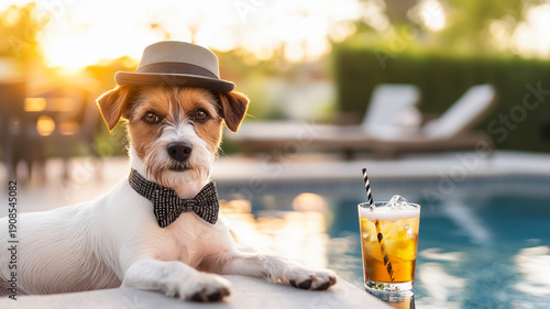 Pampered Pet Enjoys Luxurious Retreat by the Pool With Stylish Hat and Fancy Drink at Sunset