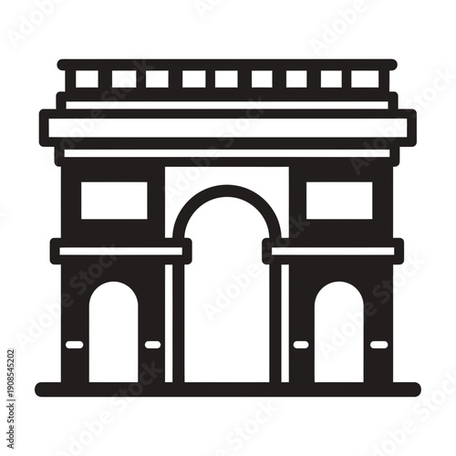 Architectural silhouette of a grand triumphal arch, symbolizing victory and heritage, rendered in a striking black and white minimalist style, perfect for travel or historical themes