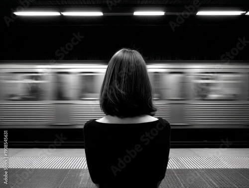 Woman waits at subway station as train passes by