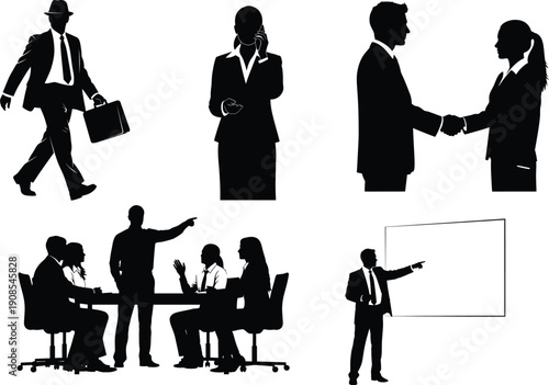Business professionals in various meeting and greeting scenarios