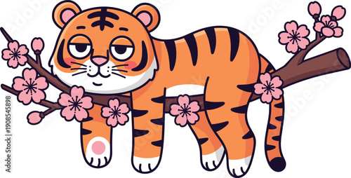Cute Lazy Tiger Character Resting on Cherry Blossom Tree Branch with Pink Flowers for Chinese New Year, Safari Animals, and Whimsical Nature Vector Illustration
