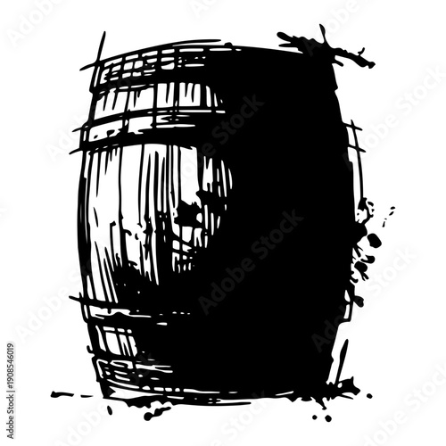 Old wooden barrel silhouette in black grunge ink style
