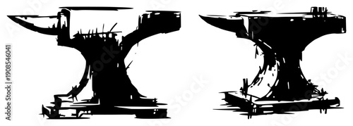Heavy iron blacksmith anvil silhouette set in grunge style