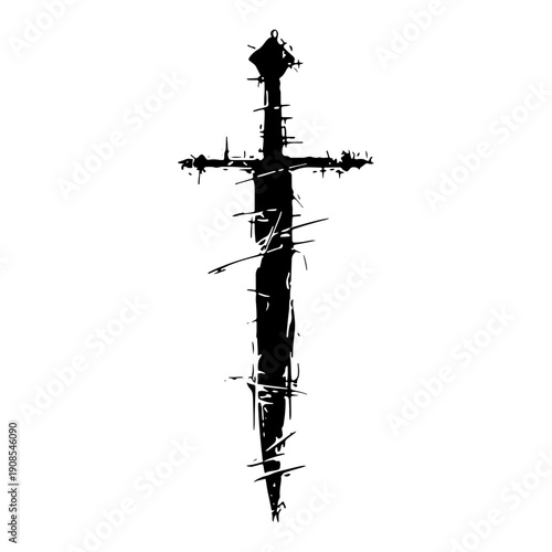 Medieval sword weapon illustration in distressed black and white ink sketch style
