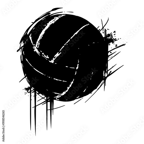 Grunge style volleyball silhouette with ink splashes and dynamic motion lines